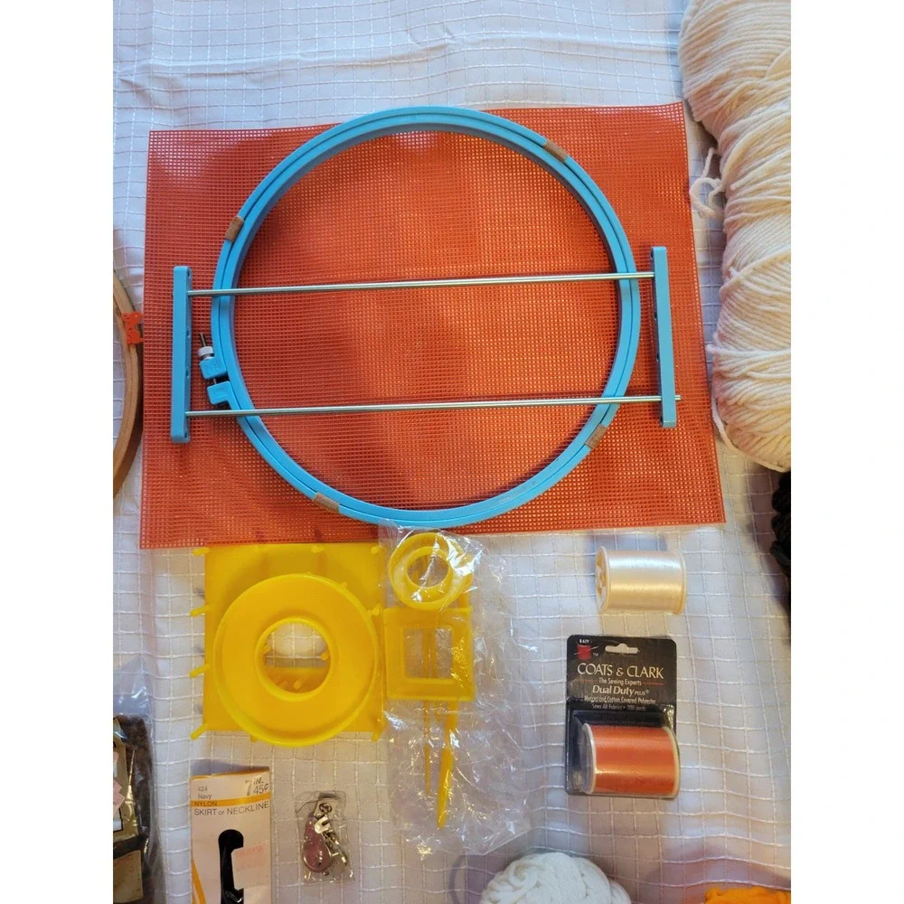 Vintage Needlework Lot Caron Rug Yarn Embroidery Hoops Sayelle Pom Pom Maker